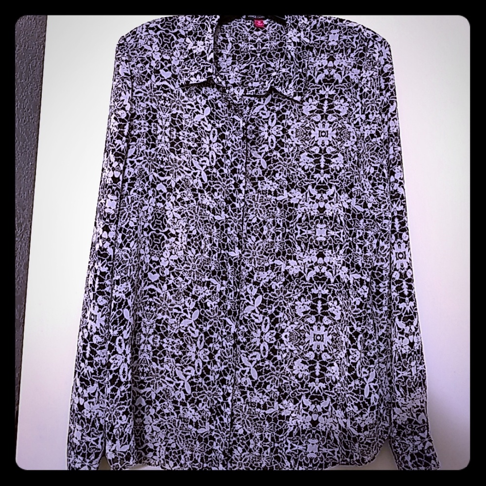 Vince Camuto Black And White, Long Sleeve Semi Sheer Button Up Blouse
